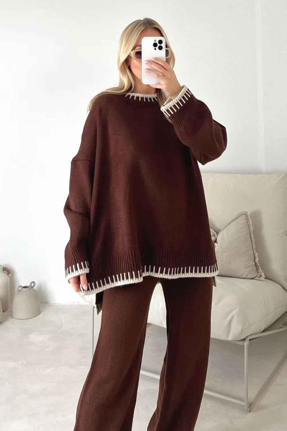 Women's Suit Fashion Pullover Split Long-sleeved Top And Loose Straight Pants Solid Color Two-piece Set - Sultani Trade Company