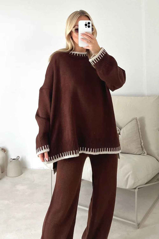 Women's Suit Fashion Pullover Split Long-sleeved Top And Loose Straight Pants Solid Color Two-piece Set - Sultani Trade Company