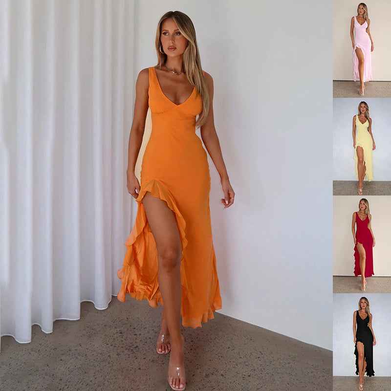Women's Ruffles Split Suspender Dress Sexy Slim-fit V-neck Evening Party Dresses Clothing - Sultani Trade Company