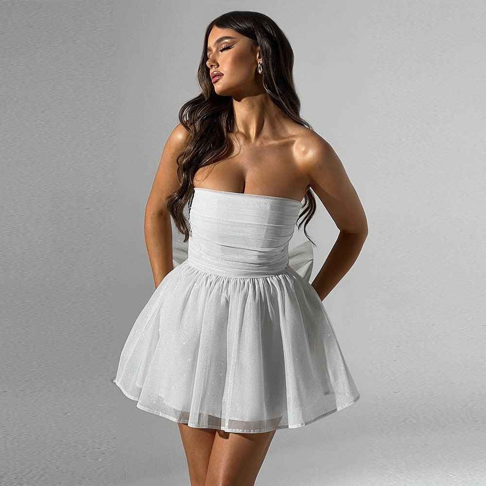 Modest Off-Shoulder Dress with Delicate Lace - Perfect for Weddings, Parties and Cocktails, Mini Dress with Mesh and Bow Back