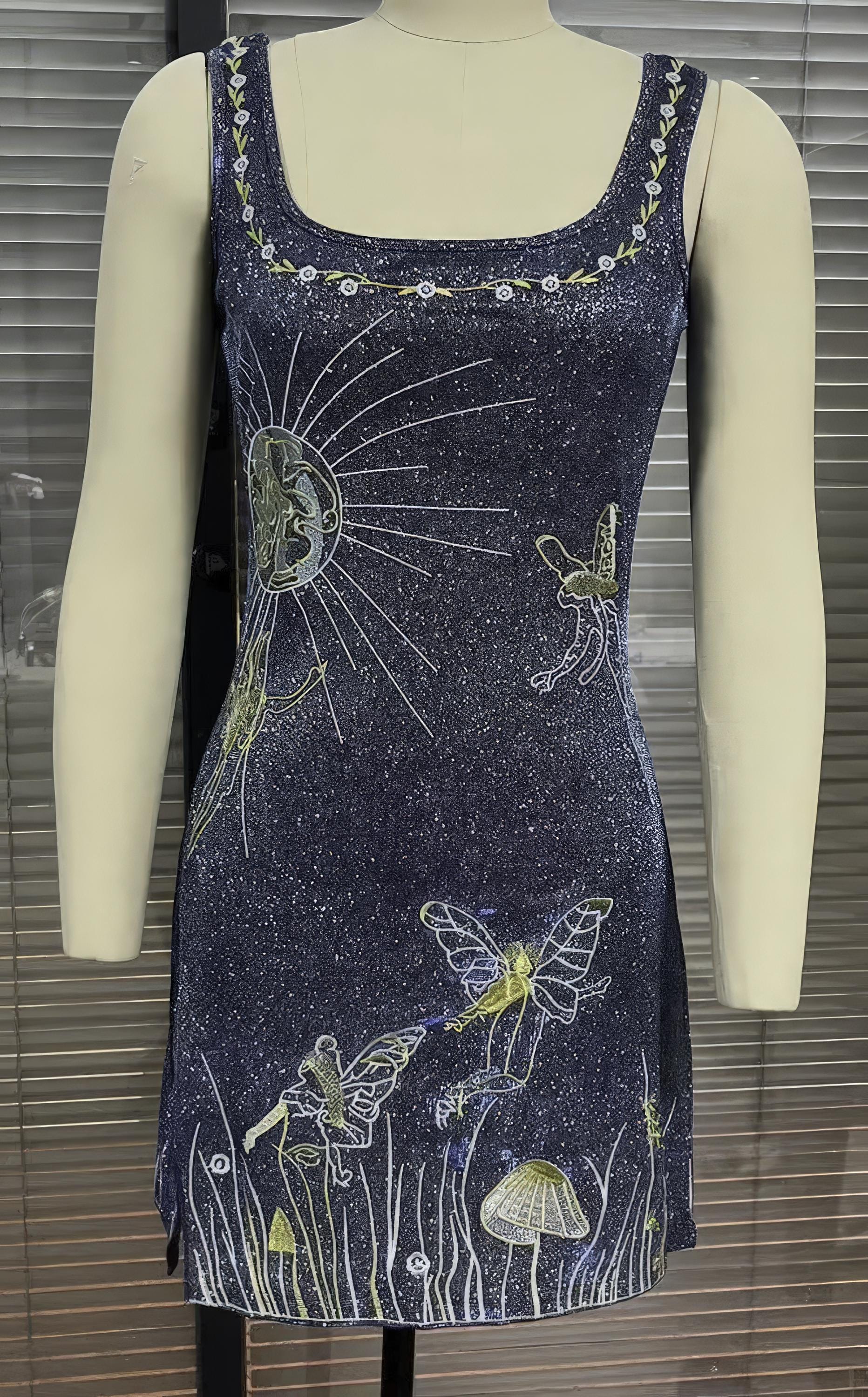 Embroidered Navy Blue Floral Mini Dress for Party Elegance with Strappy Design - Sultani Trade Company