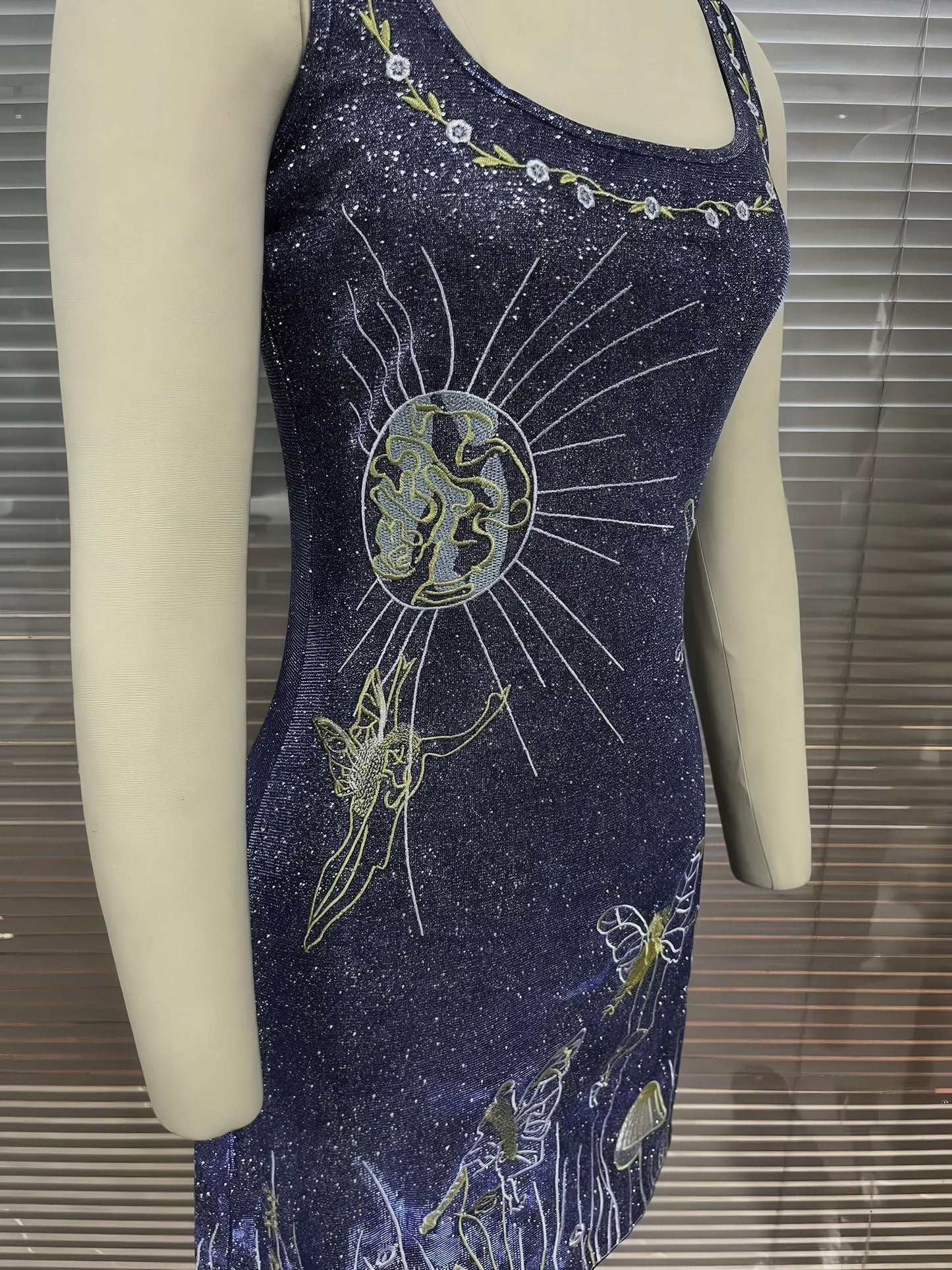 Embroidered Navy Blue Floral Mini Dress for Party Elegance with Strappy Design - Sultani Trade Company