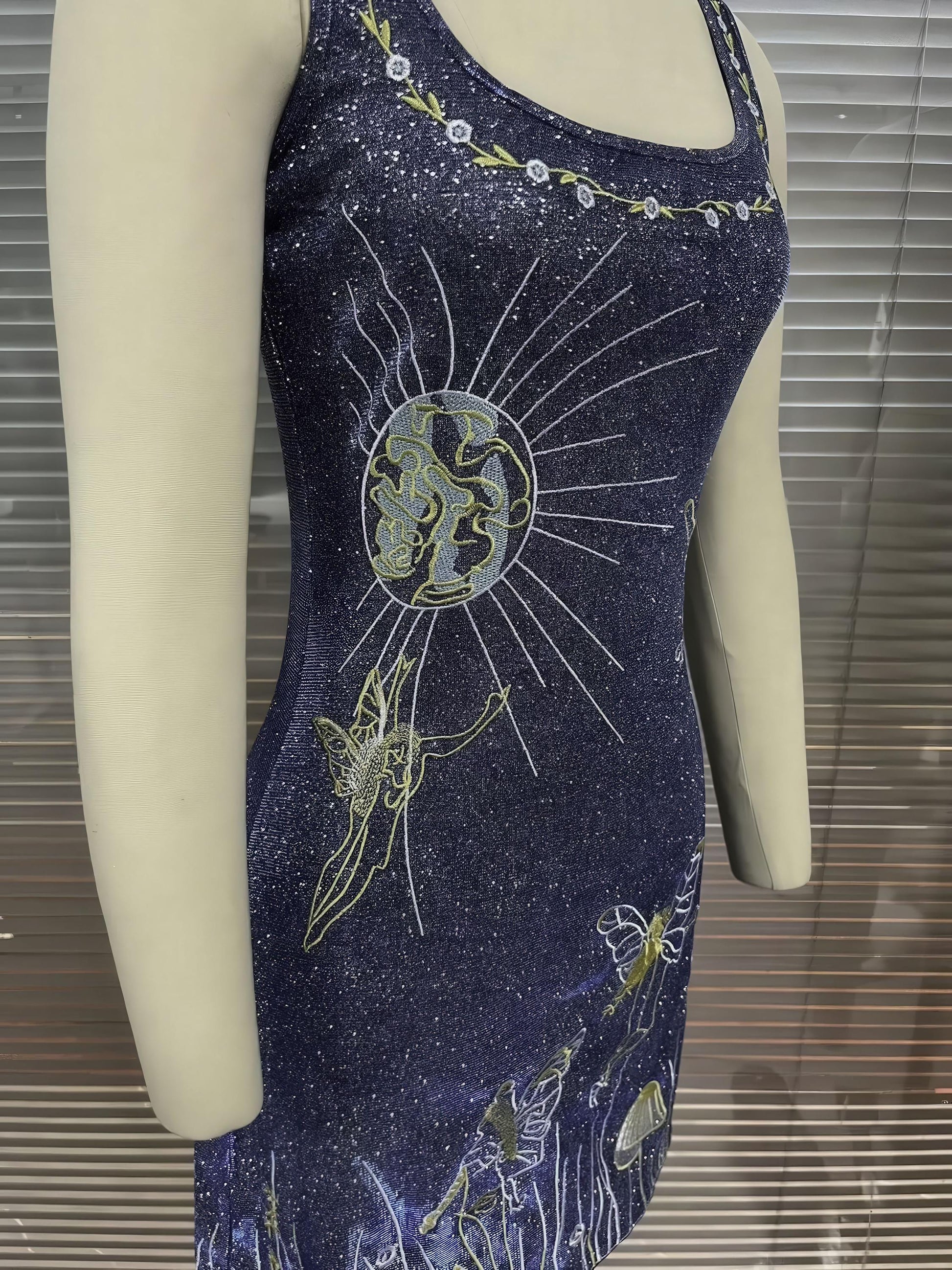 Embroidered Navy Blue Floral Mini Dress for Party Elegance with Strappy Design - Sultani Trade Company