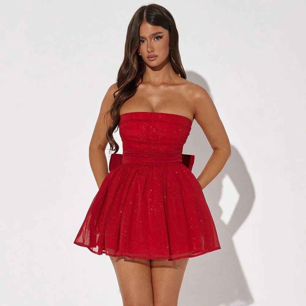Modest Off-Shoulder Dress with Delicate Lace - Perfect for Weddings, Parties and Cocktails, Mini Dress with Mesh and Bow Back