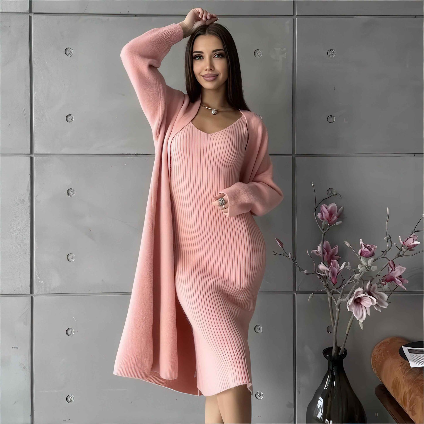 Knit Dress & Cardigan Set – Two Piece Sleeveless Bodycon Outfit, Casual Elegant Women’s Clothing