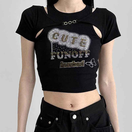 Design Rhinestone Vest Blouse Short Sleeve All-matching