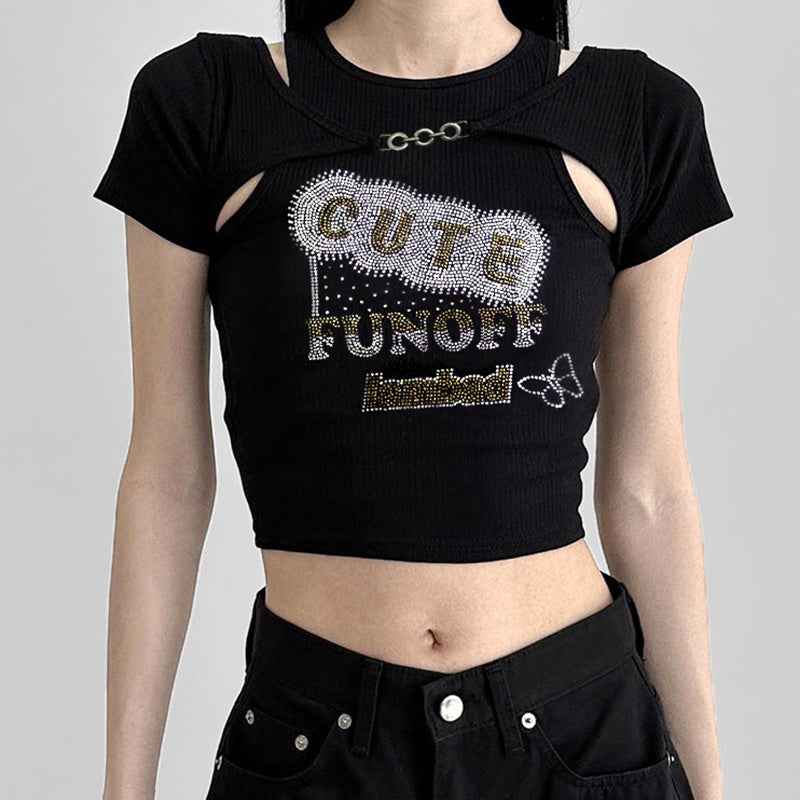Design Rhinestone Vest Blouse Short Sleeve All-matching
