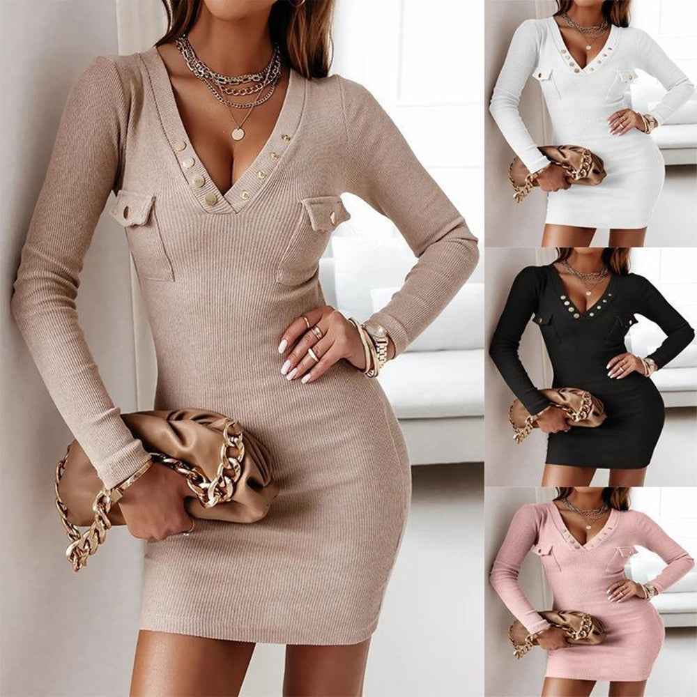 Women's Long Dresses Autumn And Winter Casual Knitted Rib Dress Long Sleeve Wrap Hip Button Waist Wrap Women's Dress