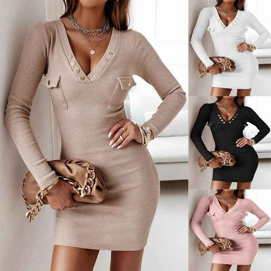 Women's Long Dresses Autumn And Winter Casual Knitted Rib Dress Long Sleeve Wrap Hip Button Waist Wrap Women's Dress