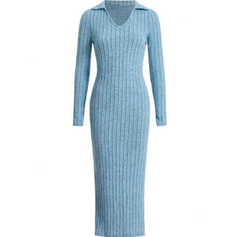 Women's Knitted Slim Lapel Long Sleeve Dress
