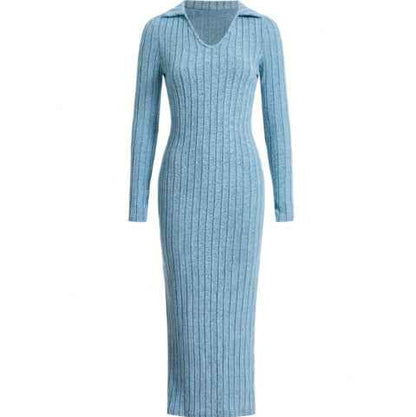 Women's Knitted Slim Lapel Long Sleeve Dress