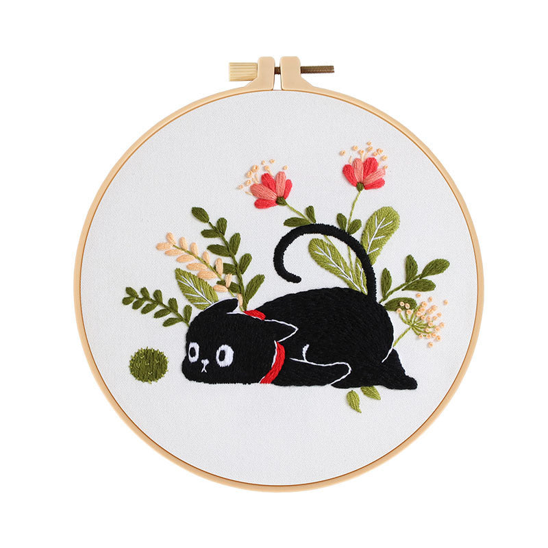 DIY Black Cat & Moonlight Floral Embroidery Kit - Hand Embroidery Beginner Set or 5-Pack | Unique Needlework Gift