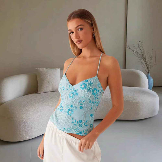 Y2K Dopamine-colored Bandeau Sling Tops Summer V-neck Flower Beaded Backless Vest For Women