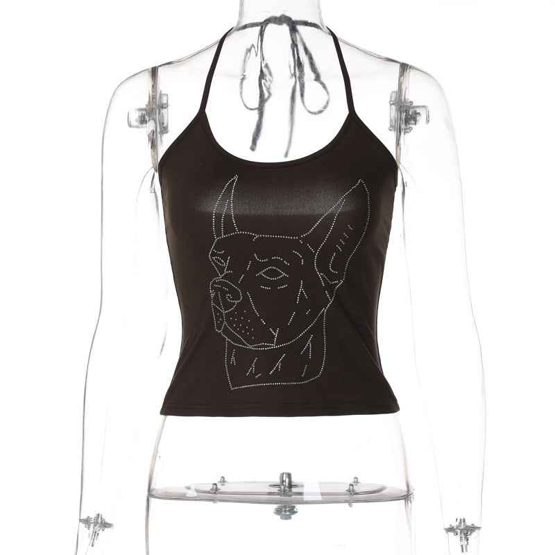Women's Graceful And Fashionable Rhinestone Lace-up Halterneck U-neck Slim Vest