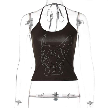Women's Graceful And Fashionable Rhinestone Lace-up Halterneck U-neck Slim Vest