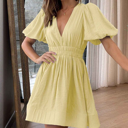 European And American Elegant Dress Sweet Waist Trimming Dress V-Neck Lantern Sleeve Dress Women's Summer Sun Dresses Evening Dress
