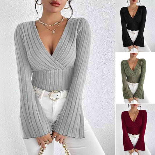 Women's Autumn And Winter Rib Sunken Stripe V-neck Flared Slim-fit Long Sleeve T-shirt Elegant Women's Top