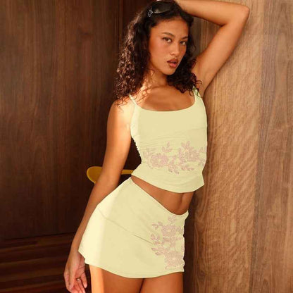 Rhinestone Suspenders Slim Fit Hot Girl Skirt Suit