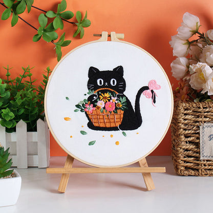 DIY Black Cat & Moonlight Floral Embroidery Kit - Hand Embroidery Beginner Set or 5-Pack | Unique Needlework Gift