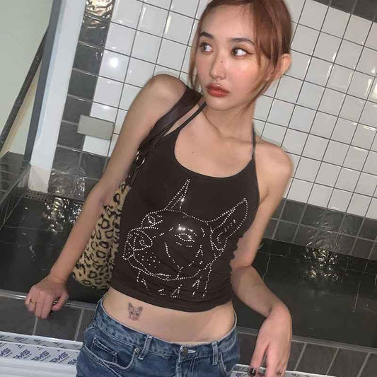 Women's Graceful And Fashionable Rhinestone Lace-up Halterneck U-neck Slim Vest