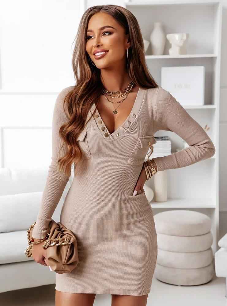 Women's Long Dresses Autumn And Winter Casual Knitted Rib Dress Long Sleeve Wrap Hip Button Waist Wrap Women's Dress