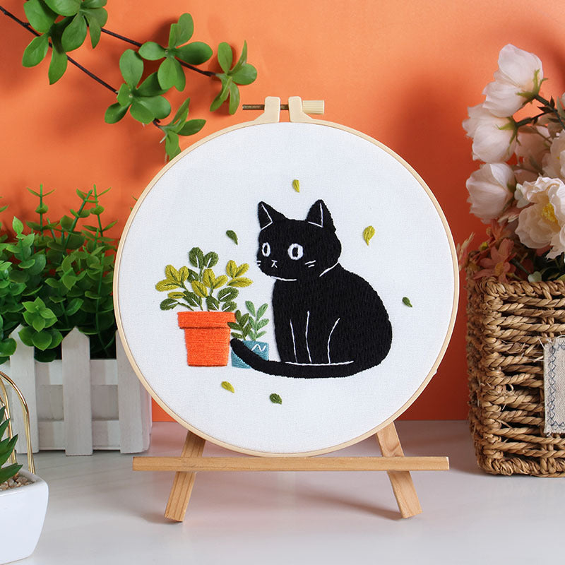 DIY Black Cat & Moonlight Floral Embroidery Kit - Hand Embroidery Beginner Set or 5-Pack | Unique Needlework Gift