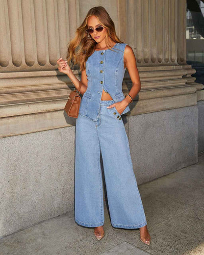 Denim Vest Suits Fashion Sleeveless Button Tops And Wide Leg Straight Pants With Pockets Women's Trousers Set