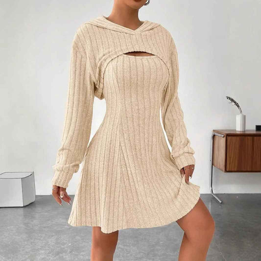 Women's Two-piece Set Dresses New Fashion Fall Winter Hooded Shawl Long-sleeved Vest Short Skirt