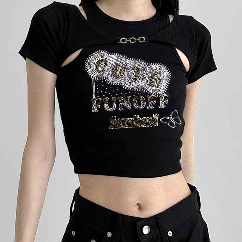 Design Rhinestone Vest Blouse Short Sleeve All-matching