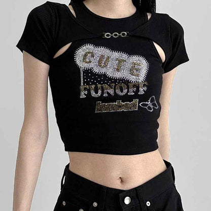 Design Rhinestone Vest Blouse Short Sleeve All-matching