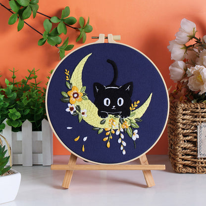 DIY Black Cat & Moonlight Floral Embroidery Kit - Hand Embroidery Beginner Set or 5-Pack | Unique Needlework Gift