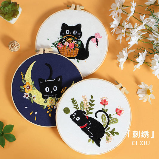 DIY Black Cat & Moonlight Floral Embroidery Kit - Hand Embroidery Beginner Set or 5-Pack | Unique Needlework Gift