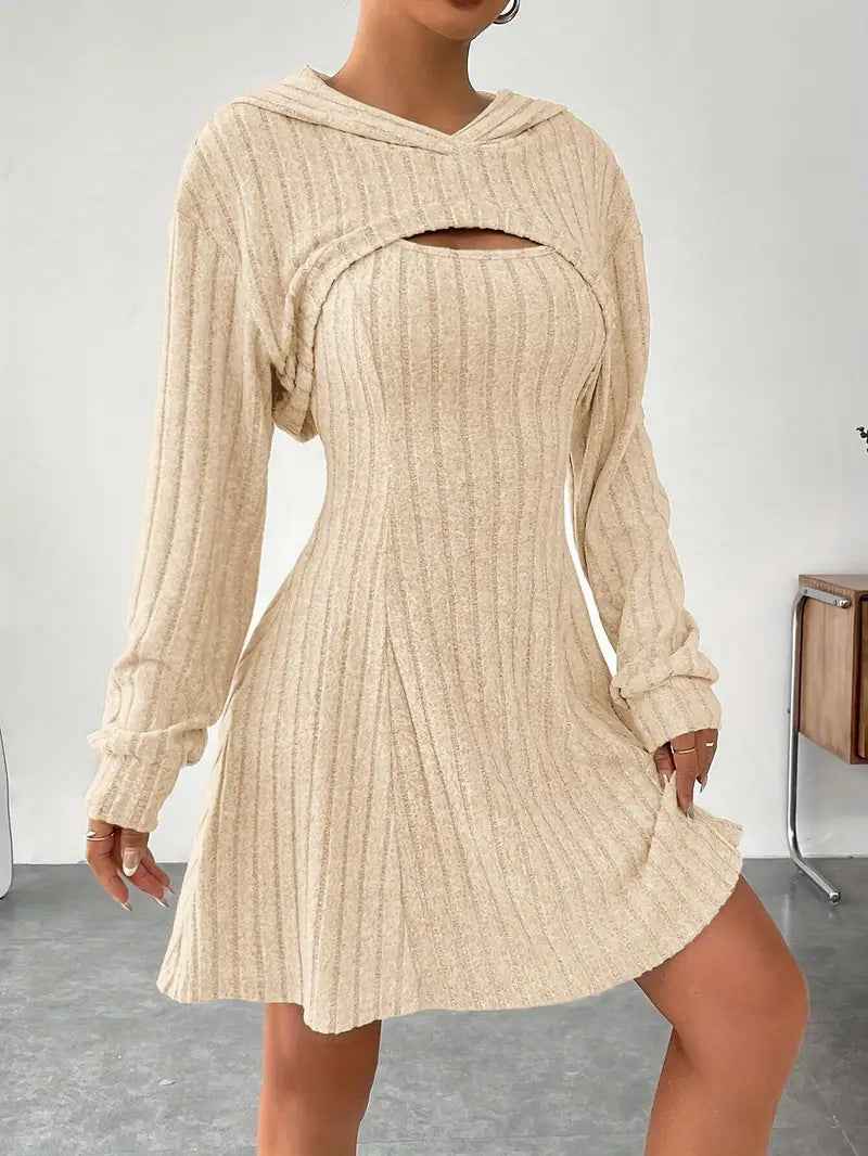 Women's Two-piece Set Dresses New Fashion Fall Winter Hooded Shawl Long-sleeved Vest Short Skirt