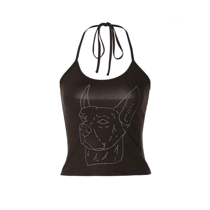 Women's Graceful And Fashionable Rhinestone Lace-up Halterneck U-neck Slim Vest