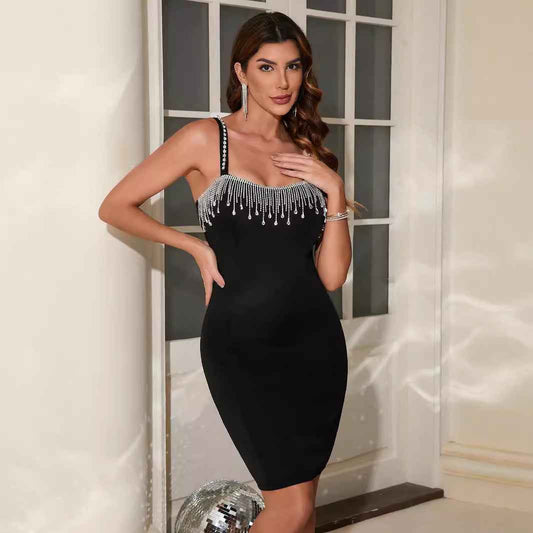 Women Sexy Dress Ladies Party Night Birthday Fringe Slit Sleeveless Body Dress Summer Elegant Sling Short Mini Pencil Skirt