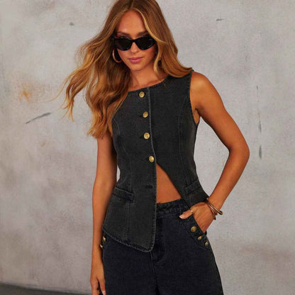 Denim Vest Suits Fashion Sleeveless Button Tops And Wide Leg Straight Pants With Pockets Women's Trousers Set