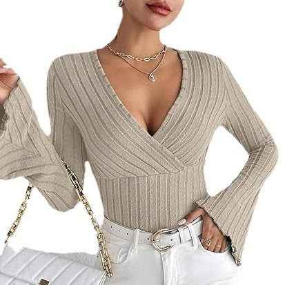 Women's Autumn And Winter Rib Sunken Stripe V-neck Flared Slim-fit Long Sleeve T-shirt Elegant Women's Top