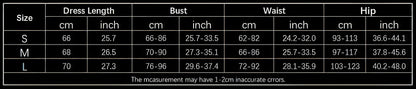 A table with measurements for different dress lengths, busts, waists, hips, and sizes, along with a note that the measurement may have 1-2 cm inaccurate errors.