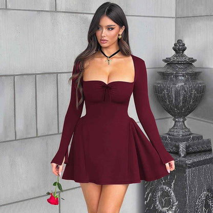 Commute Low-Neck Long Sleeve Dress – Y2K Slim Fit A-Line Short Dress, Party & Evening Clothing for Women