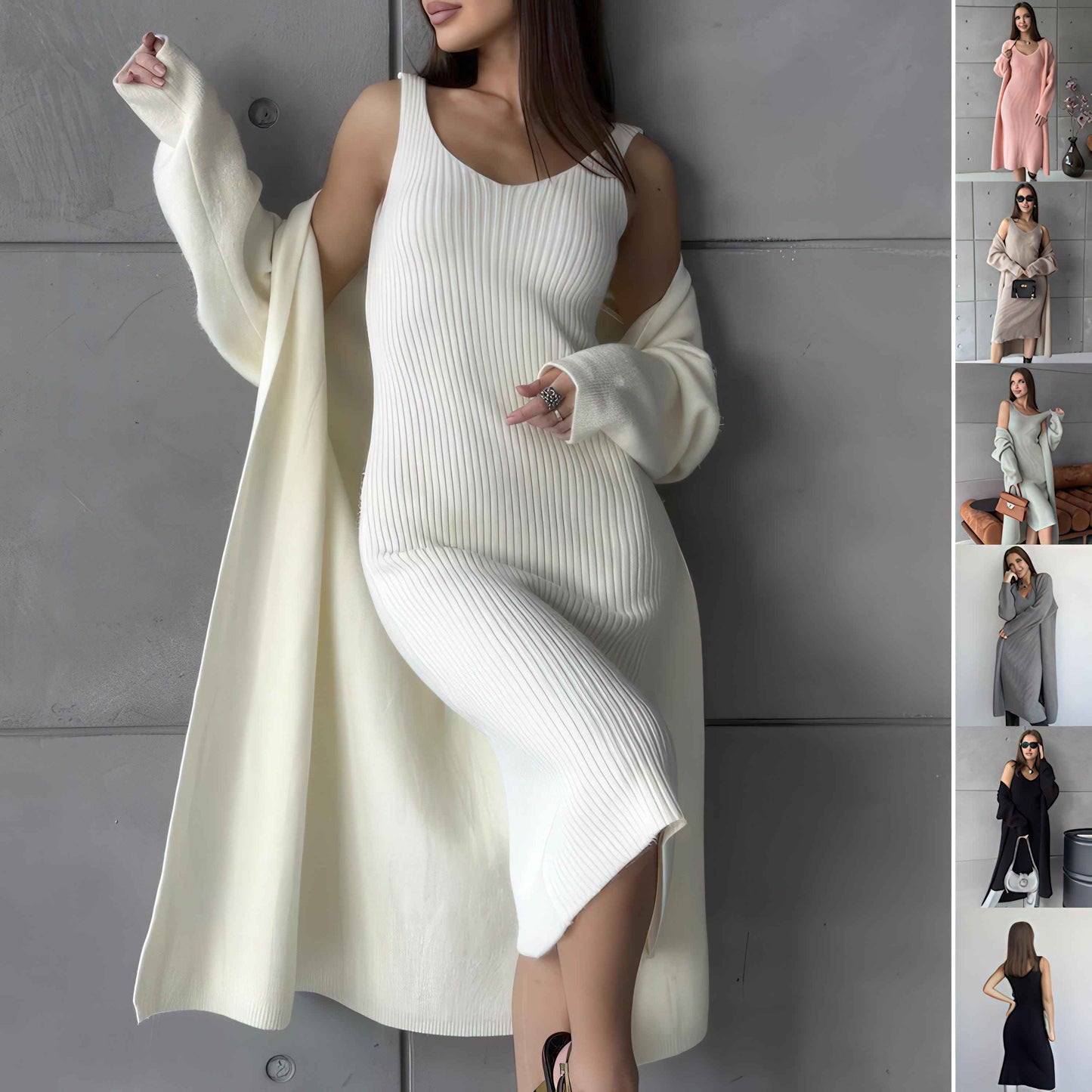 Knit Dress & Cardigan Set – Two Piece Sleeveless Bodycon Outfit, Casual Elegant Women’s Clothing