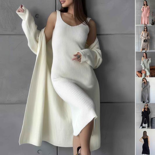 Knit Dress & Cardigan Set – Two Piece Sleeveless Bodycon Outfit, Casual Elegant Women’s Clothing