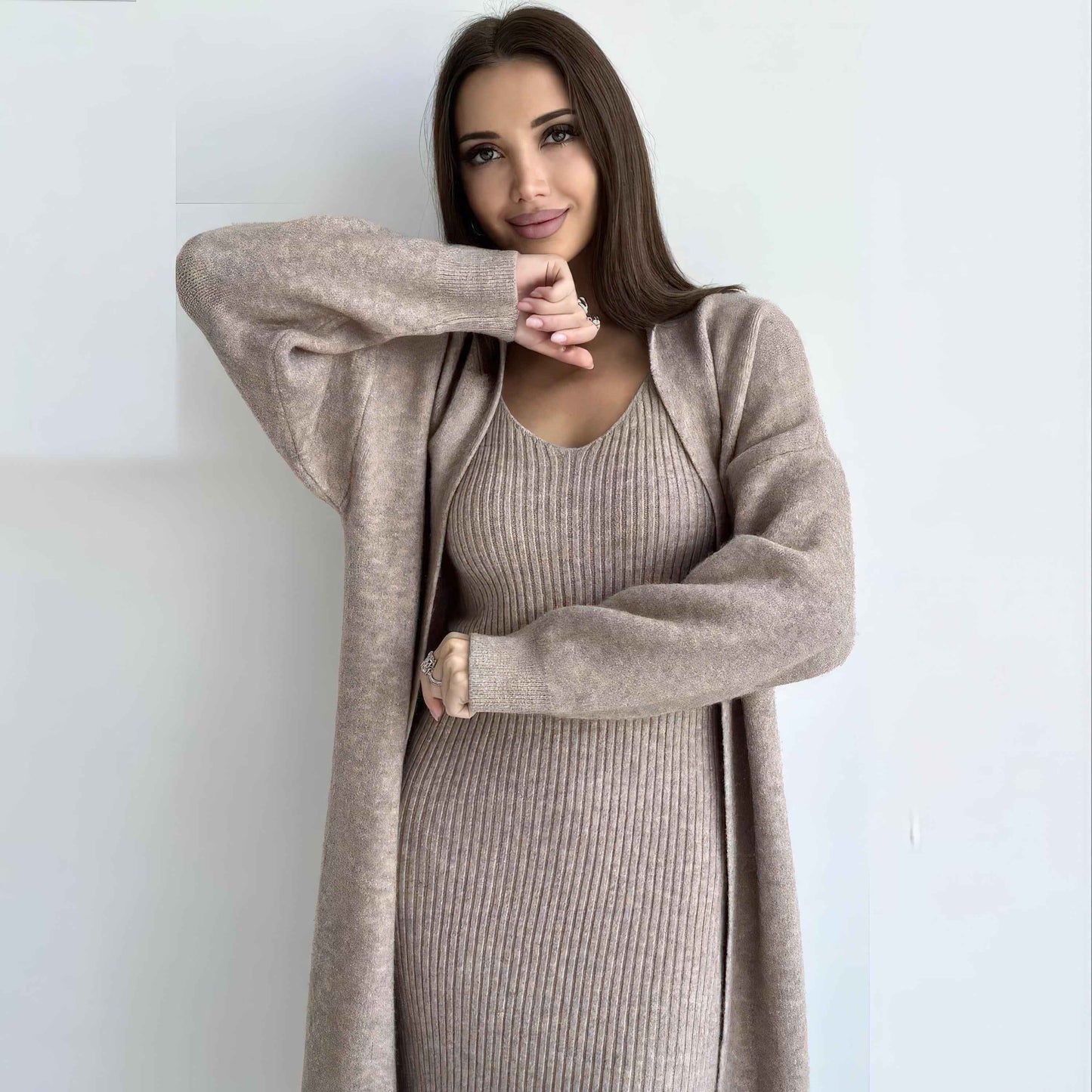 Knit Dress & Cardigan Set – Two Piece Sleeveless Bodycon Outfit, Casual Elegant Women’s Clothing