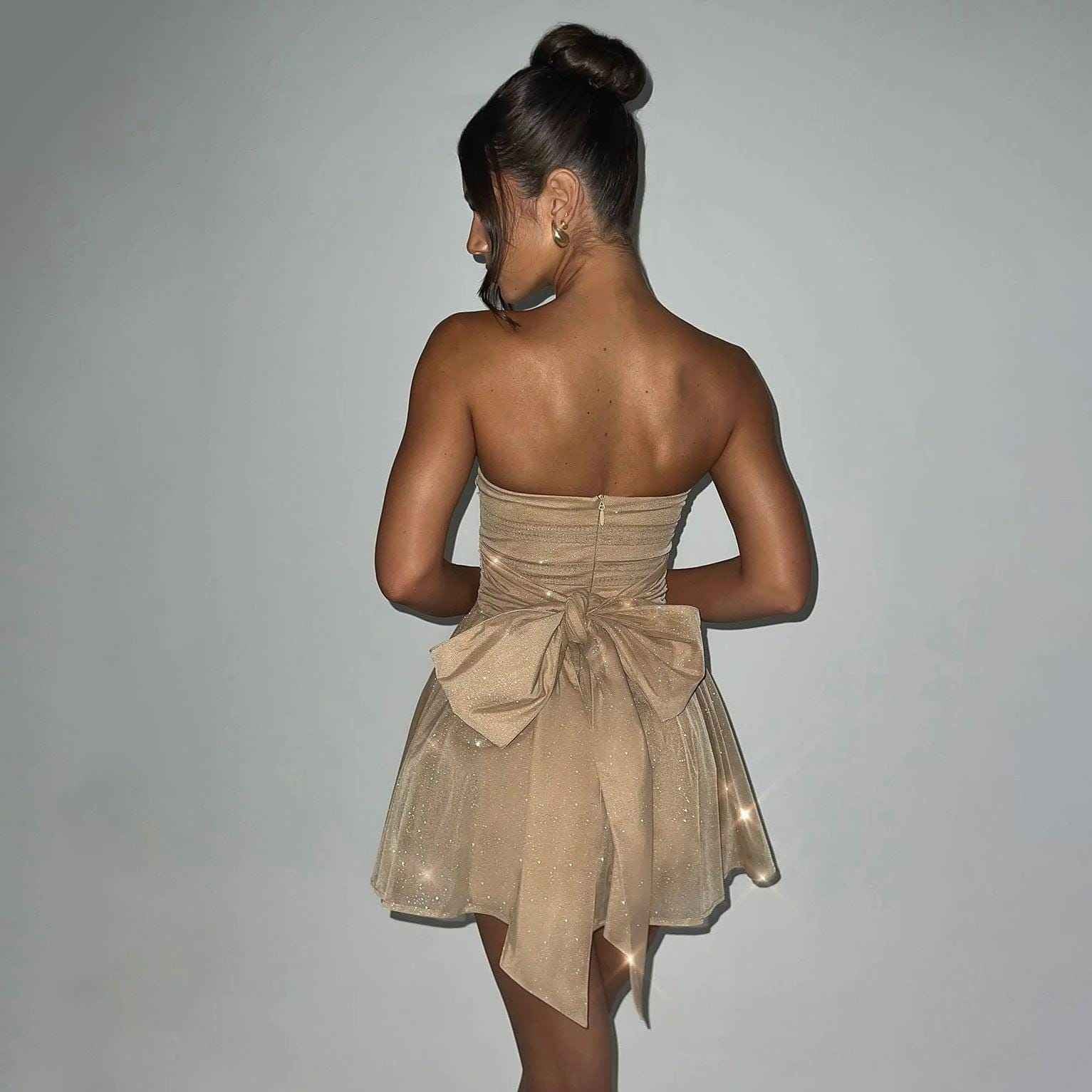 Modest Off-Shoulder Dress with Delicate Lace - Perfect for Weddings, Parties and Cocktails, Mini Dress with Mesh and Bow Back