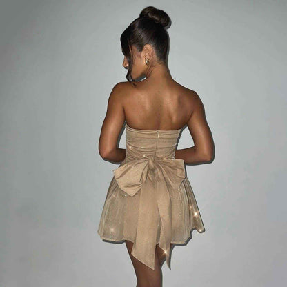 Modest Off-Shoulder Dress with Delicate Lace - Perfect for Weddings, Parties and Cocktails, Mini Dress with Mesh and Bow Back