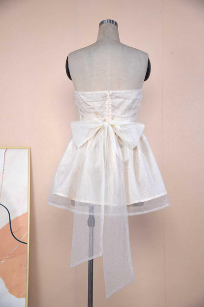 Modest Off-Shoulder Dress with Delicate Lace - Perfect for Weddings, Parties and Cocktails, Mini Dress with Mesh and Bow Back