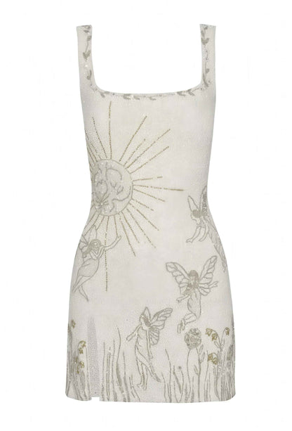 Modern Elegance Embroidered Mini Dress – Sexy Slim Fit Party Dress with Strappy Design and 3D Floral Details