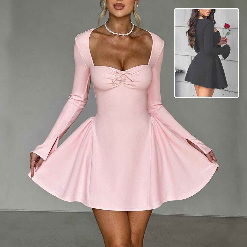 Commute Low-Neck Long Sleeve Dress – Y2K Slim Fit A-Line Short Dress, Party & Evening Clothing for Women
