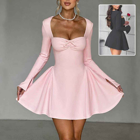 Commute Low-Neck Long Sleeve Dress – Y2K Slim Fit A-Line Short Dress, Party & Evening Clothing for Women