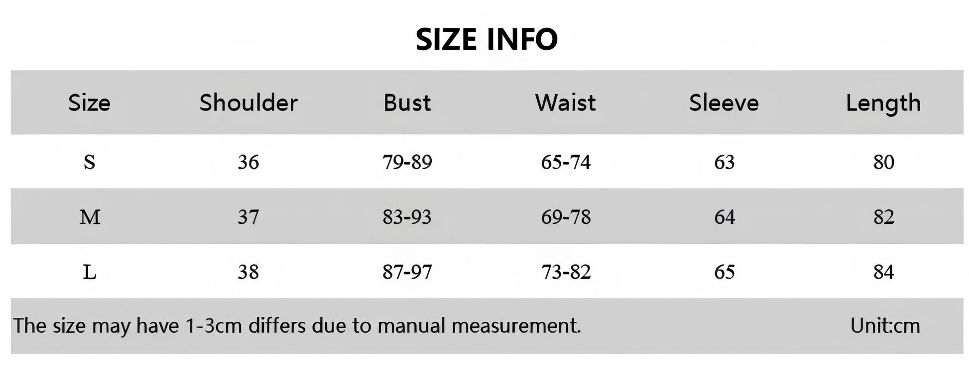 The image is a size chart that provides information about the sizes of different clothing items, including shoulder, bust, waist, sleeve, and length. The chart lists the sizes S, M, L, and S, along with corresponding measurements for each size. The chart also indicates that the sizes may have a 1-3 cm difference due to manual measurement.
