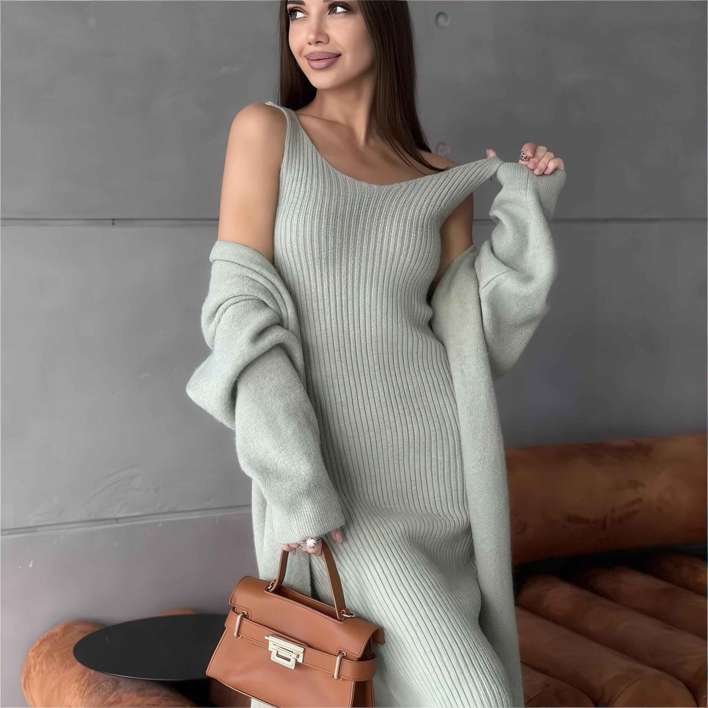 Knit Dress & Cardigan Set – Two Piece Sleeveless Bodycon Outfit, Casual Elegant Women’s Clothing